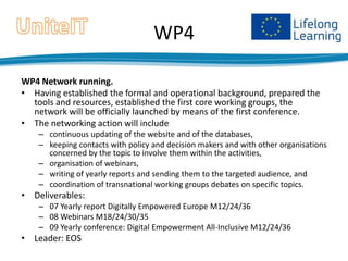 WP4
WP4 Network running.
• Having established the formal and operational background, prepared the
tools and resources, established the first core working groups, the
network will be officially launched by means of the first conference.
• The networking action will include
– continuous updating of the website and of the databases,
– keeping contacts with policy and decision makers and with other organisations
concerned by the topic to involve them within the activities,
– organisation of webinars,
– writing of yearly reports and sending them to the targeted audience, and
– coordination of transnational working groups debates on specific topics.

• Deliverables:
– 07 Yearly report Digitally Empowered Europe M12/24/36
– 08 Webinars M18/24/30/35
– 09 Yearly conference: Digital Empowerment All-Inclusive M12/24/36

• Leader: EOS

 