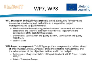 WP7, WP8
WP7 Evaluation and quality assurance is aimed at ensuring formative and
summative monitoring and evaluation as a support for project
management and to quality control.
– Mechanisms for the monitoring and evaluation of the network will be here
established, and to collect data from the audiences, together with the
development of the tools for this purpose.
– Deliverables: 15 Evaluation and quality plan M4, 16 Evaluation and quality
report M36
– Leader: Malta

WP8 Project management. This WP groups the management activities, aimed
at ensuring legal, ethical, financial and administrative management, and
the achievement of the objectives in time and in the budget.
– Deliverables: 17 Agreements M3, 18 Project Handbook M3, 19 Project reports
M19/37
– Leader: Telecentre-Europe

 
