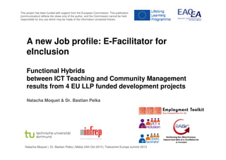 This project has been funded with support from the European Commission. This publication
[communication] reflects the views only of the author, and the Commission cannot be held
responsible for any use which may be made of the information contained therein.

A new Job profile: E-Facilitator for
eInclusion
Functional Hybrids
between ICT Teaching and Community Management
results from 4 EU LLP funded development projects
Natacha Moquet & Dr. Bastian Pelka

Natacha Moquet | Dr. Bastian Pelka | Malta| 24th Oct 2013 | Telecentre Europe summit 2013

 