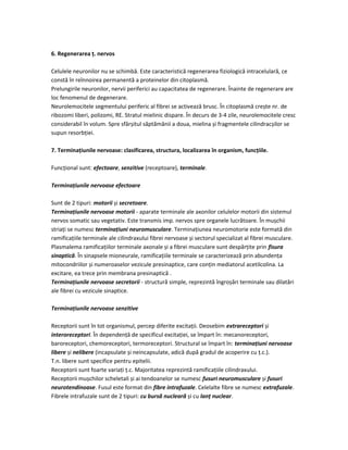 6. Regenerarea ț. nervos
Celulele neuronilor nu se schimbă. Este caracteristică regenerarea fiziologică intracelulară, ce
constă în reînnoirea permanentă a proteinelor din citoplasmă.
Prelungirile neuronilor, nervii periferici au capacitatea de regenerare. Înainte de regenerare are
loc fenomenul de degenerare.
Neurolemocitele segmentului periferic al fibrei se activează brusc. În citoplasmă crește nr. de
ribozomi liberi, polizomi, RE. Stratul mielinic dispare. În decurs de 3-4 zile, neurolemocitele cresc
considerabil în volum. Spre sfârșitul săptămânii a doua, mielina și fragmentele cilindracșilor se
supun resorbției.
7. Terminațiunile nervoase: clasificarea, structura, localizarea în organism, funcțiile.
Funcțional sunt: efectoare, senzitive (receptoare), terminale.
Terminațiunile nervoase efectoare
Sunt de 2 tipuri: motorii și secretoare.
Terminațiunile nervoase motorii - aparate terminale ale axonilor celulelor motorii din sistemul
nervos somatic sau vegetativ. Este transmis imp. nervos spre organele lucrătoare. În mușchii
striați se numesc terminațiuni neuromusculare. Terminațiunea neuromotorie este formată din
ramificațiile terminale ale cilindraxului fibrei nervoase și sectorul specializat al fibrei musculare.
Plasmalema ramificațiilor terminale axonale și a fibrei musculare sunt despărțite prin fisura
sinaptică. În sinapsele mioneurale, ramificațiile terminale se caracterizează prin abundența
mitocondriilor și numeroaselor vezicule presinaptice, care conțin mediatorul acetilcolina. La
excitare, ea trece prin membrana presinaptică .
Terminațiunile nervoase secretorii - structură simple, reprezintă îngroșări terminale sau dilatări
ale fibrei cu vezicule sinaptice.
Terminațiunile nervoase senzitive
Receptorii sunt în tot organismul, percep diferite excitații. Deosebim extrareceptori și
interoreceptori. În dependență de specificul excitației, se împart în: mecanoreceptori,
baroreceptori, chemoreceptori, termoreceptori. Structural se împart în: terminațiuni nervoase
libere și nelibere (incapsulate și neincapsulate, adică după gradul de acoperire cu ț.c.).
T.n. libere sunt specifice pentru epitelii.
Receptorii sunt foarte variați ț.c. Majoritatea reprezintă ramificațiile cilindraxului.
Receptorii mușchilor scheletali și ai tendoanelor se numesc fusuri neuromusculare și fusuri
neurotendinoase. Fusul este format din fibre intrafuzale. Celelalte fibre se numesc extrafuzale.
Fibrele intrafuzale sunt de 2 tipuri: cu bursă nucleară și cu lanț nuclear.
 