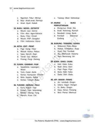 12 www.begotsantoso.com
Tes Potensi Akademik (TPA) | www.begotsantoso.com
12
c. Ngantuk : Tidur : Mimpi
d. Bayi : Anak-anak : Remaja
e. Anak : Ayah : Kakek
33. BUKU : NOVEL : DETEKTIF
a. Musik : Jazz : Genre
b. Film : Aksi : Agen Rahasia
c. Buku : Fiksi : Ilmiah
d. Musik : POP : Dangdut
e. Film : Indonesia : Horor
34. KETIK : EDIT : PRINT
a. Pagi : Siang : Tidur
b. Masak : Kukus : Rebus
c. Sapu : Bersih : Rapi
d. Tanak : Saji : Makan
e. Pulang : Pergi : Datang
35. SUARA : GAMBAR : FILM
a. Sepakbola : Lapangan :
Wasit
b. Tulis : Catat : Ketik
c. Kertas : Komputer : Printer
d. Bola : Sepatu : Raket
e. Kertas : Tulisan : Buku
36. TUKANG : GERGAJI : PALU
a. Guru : Kapur : Topi
b. Penari : Topi : Selendang
c. Montir : Obeng : Tang
d. Penulis : Kuas : Cat
e. Tukang : Obat : Stetoskop
37. MURID : BUKU :
PERPUSTAKAAN
a. Orang tua : Anak : Ibu
b. Anak : Kelereng : Rumah
c. Nasabah : Uang : Bank
d. Pembeli : Makanan :
Gudang
38. BURUNG : TERBANG : UDARA
a. Makanan : Nasi : Meja
b. Rokok : Tembakau : Asap
c. Kuas : Cat : Tembok
d. Ibu : Memasak : Halama
e. Ikan : Berenang : Air
39. KUDA : DAKU : DUKA
a. Kaki : Kaka : Kuku
b. Nadi : Dina : Dani
c. Papi : Papa : Pipa
d. Buka : Baki : Kaka
e. Dada : Didi : Dadu
40. API : BAKAR : PANAS
a. Air : Lembab : Dingin
b. Udara : Segar : Hangat
c. Es : Beku : Dingin
d. Kayu : Keras : Panjang
e. Besi : Panas : Memuai
 