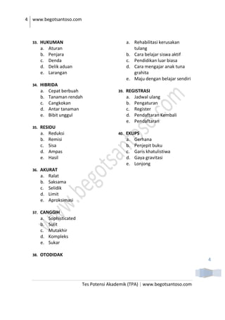 4 www.begotsantoso.com
Tes Potensi Akademik (TPA) | www.begotsantoso.com
4
33. HUKUMAN
a. Aturan
b. Penjara
c. Denda
d. Delik aduan
e. Larangan
34. HIBRIDA
a. Cepat berbuah
b. Tanaman rendah
c. Cangkokan
d. Antar tanaman
e. Bibit unggul
35. RESIDU
a. Reduksi
b. Remisi
c. Sisa
d. Ampas
e. Hasil
36. AKURAT
a. Ralat
b. Saksama
c. Selidik
d. Limit
e. Aproksimasi
37. CANGGIH
a. Sophisticated
b. Sulit
c. Mutakhir
d. Kompleks
e. Sukar
38. OTODIDAK
a. Rehabilitasi kerusakan
tulang
b. Cara belajar siswa aktif
c. Pendidikan luar biasa
d. Cara mengajar anak tuna
grahita
e. Maju dengan belajar sendiri
39. REGISTRASI
a. Jadwal ulang
b. Pengaturan
c. Register
d. Pendaftaran Kembali
e. Pendaftaran
40. EKLIPS
a. Gerhana
b. Penjepit buku
c. Garis khatulistiwa
d. Gaya gravitasi
e. Lonjong
 