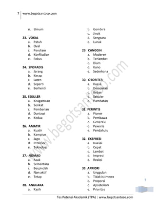 7 www.begotsantoso.com
Tes Potensi Akademik (TPA) | www.begotsantoso.com
7
e. Umum
23. VOKAL
a. Patuh
b. Oval
c. Pendiam
d. KonRisdian
e. Fokus
24. SPORADIS
a. Jarang
b. Kerap
c. Laten
d. Seperti
e. Berhenti
25. SEKULER
a. Keagamaan
b. Serikat
c. Pemberian
d. Duniawi
e. Kedua
26. AMATIR
a. Kuatir
b. Kampiun
c. Jago
d. Profesor
e. Teknologi
27. NOMAD
a. Acak
b. Sementara
c. Berpindah
d. Non aktif
e. Tetap
28. ANGGARA
a. Kasih
b. Gembira
c. Jinak
d. Sengsara
e. Lunak
29. CANGGIH
a. Moderen
b. Terlambat
c. Diam
d. Kuno
e. Sederhana
30. OTORITER
a. Kuasa
b. Demokrasi
c. Bebas
d. Sekuler
e. Hambatan
31. PERINTIS
a. Pioner
b. Pembawa
c. Generasi
d. Pewaris
e. Pendahulu
32. EKSPRESI
a. Kuasai
b. Cepat
c. Lambat
d. Impresi
e. Reaksi
33. APRIORI
a. Unggulan
b. Tidak istimewa
c. Proporsi
d. Aposteriori
e. Prioritas
 