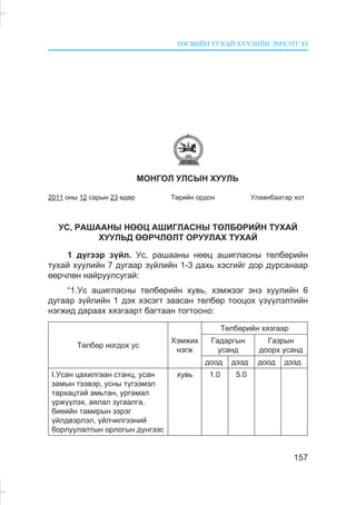 ÒªÑÂÈÉÍ ÒÓÕÀÉ ÕÓÓËÈÉÍ ÝÌÕÝÒÃÝË
157
ÌÎÍÃÎË ÓËÑÛÍ ÕÓÓËÜ
2011 îíû 12 ñàðûí 23 ºäºð Òºðèéí îðäîí Óëààíáààòàð õîò
ÓÑ, ÐÀØÀÀÍÛ ÍªªÖ ÀØÈÃËÀÑÍÛ ÒªËÁªÐÈÉÍ ÒÓÕÀÉ
ÕÓÓËÜÄ ªªÐ×ËªËÒ ÎÐÓÓËÀÕ ÒÓÕÀÉ
1 ä¿ãýýð ç¿éë. Óñ, ðàøààíû íººö àøèãëàñíû òºëáºðèéí
òóõàé õóóëèéí 7 äóãààð ç¿éëèéí 1-3 äàõü õýñãèéã äîð äóðñàíààð
ººð÷ëºí íàéðóóëñóãàé:
“1.Óñ àøèãëàñíû òºëáºðèéí õóâü, õýìæýýã ýíý õóóëèéí 6
äóãààð ç¿éëèéí 1 äýõ õýñýãò çààñàí òºëáºð òîîöîõ ¿ç¿¿ëýëòèéí
íýãæèä äàðààõ õÿçãààðò áàãòààí òîãòîîíî:
Òºëáºð íîãäîõ óñ
Õýìæèõ
íýãæ
Òºëáºðèéí õÿçãààð
Ãàäàðãûí
óñàíä
Ãàçðûí
äîîðõ óñàíä
äîîä äýýä äîîä äýýä
I.Óñàí öàõèëãààí ñòàíö, óñàí
çàìûí òýýâýð, óñíû ò¿ãýýìýë
òàðõàöòàé àìüòàí, óðãàìàë
¿ðæ¿¿ëýõ, àÿëàë çóãààëãà,
áèåèéí òàìèðûí çýðýã
¿éëäâýðëýë, ¿éë÷èëãýýíèé
áîðëóóëàëòûí îðëîãûí ä¿íãýýñ
õóâü 1.0 5.0
 