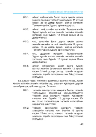 ÒªÑÂÈÉÍ ÒÓÕÀÉ ÕÓÓËÈÉÍ ÝÌÕÝÒÃÝË
49
8.5.1. àéìàã, íèéñëýëèéí Çàñàã äàðãà òóõàéí øàòíû
æèëèéí òºñâèéí òºñëèéã æèë á¿ðèéí 11 ä¿ãýýð
ñàðûí 25-íû äîòîð òóõàéí øàòíû èðãýäèéí
Òºëººëºã÷äèéí Õóðàëä ºðãºí ìýä¿¿ëýõ;
8.5.2. àéìàã, íèéñëýëèéí èðãýäèéí Òºëººëºã÷äèéí
Õóðàë òóõàéí øàòíû æèëèéí òºñâèéí òºñëèéã
õýëýëöýí æèë á¿ðèéí 12 äóãààð ñàðûí 05-íû
äîòîð áàòëàõ;
8.5.3. ñóì, ä¿¿ðãèéí Çàñàã äàðãà òóõàéí øàòíû
æèëèéí òºñâèéí òºñëèéã æèë á¿ðèéí 12 äóãààð
ñàðûí 10-íû äîòîð òóõàéí øàòíû èðãýäèéí
Òºëººëºã÷äèéí Õóðàëä ºðãºí ìýä¿¿ëýõ;
8.5.4. ñóì, ä¿¿ðãèéí èðãýäèéí Òºëººëºã÷äèéí
Õóðàë òóõàéí øàòíû æèëèéí òºñâèéí òºñëèéã
õýëýëöýí æèë á¿ðèéí 12 äóãààð ñàðûí 20-íû
äîòîð áàòëàõ;
8.5.5. àéìàã, íèéñëýëèéí Çàñàã äàðãà òóõàéí
øàòíû æèëèéí áàòëàãäñàí òºñâèéã 12 äóãààð
ñàðûí 31-íèé äîòîð ñàíõ¿¿, òºñâèéí àñóóäàë
ýðõýëñýí òºðèéí çàõèðãààíû òºâ áàéãóóëëàãàä
õ¿ðã¿¿ëýõ.
8.6.Óëñûí òºñºâ, Íèéãìèéí äààòãàëûí ñàíãèéí òºñºâ, Õ¿íèé
õºãæèë ñàíãèéí æèëèéí òºñâèéí ñàð, óëèðëûí õóâààðèéã äàðààõ
öàãëàáðûí äàãóó áîëîâñðóóëæ, áàòàëíà:
8.6.1. òºñâèéí òºâëºð¿¿ëýí çàõèðàã÷ áîëîí òºñâèéí
òºâëºð¿¿ëýí çàõèðàã÷èä õàðúÿàëàãääàãã¿é
òºñâèéí øóóä çàõèðàã÷ òºñâèéí õóâààðèéí
ñàíàëàà æèë á¿ðèéí 12 äóãààð ñàðûí 15-
íû äîòîð õàðüÿàëàãäàõ òºñâèéí åðºíõèéëºí
çàõèðàã÷èä õ¿ðã¿¿ëýõ;
8.6.2. òºñâèéí åðºíõèéëºí çàõèðàã÷ òºñâèéí
õóâààðèéí ñàíàëàà æèë á¿ðèéí 12 äóãààð
ñàðûí 25-íû äîòîð ñàíõ¿¿, òºñâèéí àñóóäàë
ýðõýëñýí òºðèéí çàõèðãààíû òºâ áàéãóóëëàãàä
õ¿ðã¿¿ëýõ;
 