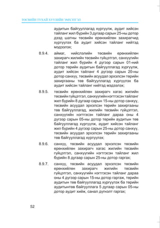 ÒªÑÂÈÉÍ ÒÓÕÀÉ ÕÓÓËÈÉÍ ÝÌÕÝÒÃÝË
52
àóäèòûí áàéãóóëëàãàä õ¿ðã¿¿ëæ, àóäèò õèéñýí
òàéëàíã æèë á¿ðèéí 3 äóãààð ñàðûí 25-íû äîòîð
äýýä øàòíû òºñâèéí åðºíõèéëºí çàõèðàã÷èä
õ¿ðã¿¿ëýõ áà àóäèò õèéñýí òàéëàíã íèéòýä
ìýäýýëýõ;
8.9.4. àéìàã, íèéñëýëèéí òºñâèéí åðºíõèéëºí
çàõèðàã÷ æèëèéí òºñâèéí ã¿éöýòãýë, ñàíõ¿¿ãèéí
òàéëàíã æèë á¿ðèéí 4 ä¿ãýýð ñàðûí 01-íèé
äîòîð òºðèéí àóäèòûí áàéãóóëëàãàä õ¿ðã¿¿ëæ,
àóäèò õèéñýí òàéëàíã 4 ä¿ãýýð ñàðûí 20-íû
äîòîð ñàíõ¿¿, òºñâèéí àñóóäàë ýðõýëñýí òºðèéí
çàõèðãààíû òºâ áàéãóóëëàãàä õ¿ðã¿¿ëýõ áà
àóäèò õèéñýí òàéëàíã íèéòýä ìýäýýëýõ;
8.9.5. òºñâèéí åðºíõèéëºí çàõèðàã÷ õàãàñ æèëèéí
òºñâèéíã¿éöýòãýë,ñàíõ¿¿ãèéííýãòãýñýíòàéëàíã
æèë á¿ðèéí 8 äóãààð ñàðûí 15-íû äîòîð ñàíõ¿¿,
òºñâèéí àñóóäàë ýðõýëñýí òºðèéí çàõèðãààíû
òºâ áàéãóóëëàãàä, æèëèéí òºñâèéí ã¿éöýòãýë,
ñàíõ¿¿ãèéí íýãòãýñýí òàéëàíã äàðàà îíû 4
ä¿ãýýð ñàðûí 05-íû äîòîð òºðèéí àóäèòûí òºâ
áàéãóóëëàãàä õ¿ðã¿¿ëæ, àóäèò õèéñýí òàéëàíã
æèë á¿ðèéí 4 ä¿ãýýð ñàðûí 25-íû äîòîð ñàíõ¿¿,
òºñâèéí àñóóäàë ýðõýëñýí òºðèéí çàõèðãààíû
òºâ áàéãóóëëàãàä õ¿ðã¿¿ëýõ;
8.9.6. ñàíõ¿¿, òºñâèéí àñóóäàë ýðõýëñýí òºñâèéí
åðºíõèéëºí çàõèðàã÷ õàãàñ æèëèéí òºñâèéí
ã¿éöýòãýë, ñàíõ¿¿ãèéí íýãòãýñýí òàéëàíã æèë
á¿ðèéí 8 äóãààð ñàðûí 25-íû äîòîð ãàðãàõ;
8.9.7. ñàíõ¿¿, òºñâèéí àñóóäàë ýðõýëñýí òºñâèéí
åðºíõèéëºí çàõèðàã÷ æèëèéí òºñâèéí
ã¿éöýòãýë, ñàíõ¿¿ãèéí íýãòãýñýí òàéëàíã äàðàà
îíû 4 ä¿ãýýð ñàðûí 15-íû äîòîð ãàðãàæ, òºðèéí
àóäèòûí òºâ áàéãóóëëàãàä õ¿ðã¿¿ëýõ áà òºðèéí
àóäèòûíòºâ áàéãóóëëàãà 5 äóãààð ñàðûí 05-íû
äîòîð àóäèò õèéæ, ñàíàë ä¿ãíýëò ãàðãàõ;
 