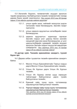 ÒªÑÂÈÉÍ ÒÓÕÀÉ ÕÓÓËÈÉÍ ÝÌÕÝÒÃÝË
61
13.1.Õºãæëèéí áîäëîãî, òºëºâëºëòèéí àñóóäàë ýðõýëñýí
òºðèéí çàõèðãààíû òºâ áàéãóóëëàãà òºñâèéí òºëºâëºëòèéí òàëààð
äàðààõ á¿ðýí ýðõèéã õýðýãæ¿¿ëíý: /Ýíý õýñýãò 2012 îíû 08 äóãààð
ñàðûí 17-íû ºäðèéí õóóëèàð íýìýëò îðóóëñàí/
13.1.1. óëñûí ýäèéí çàñàã, íèéãìèéã õºãæ¿¿ëýõ ¿íäñýí
÷èãëýëèéí òºñºë áîëîâñðóóëæ, Çàñãèéí ãàçàðò
õ¿ðã¿¿ëýõ;
13.1.2. óëñûí õºðºíãº îðóóëàëòûí õºòºëáºðèéí òºñºë
áîëîâñðóóëàõ.
13.1.3. õºðºíãº îðóóëàëòûí çîðèëãîîð ãàðãàñàí
Çàñãèéí ãàçðûí ¿íýò öààñíû áîëîí çýýëèéí
íºõöºëèéã ººð÷ëºõ ñàíàë áîëîâñðóóëàõ, óã ¿íýò
öààñíûòºëáºðèéí õóâààðèéã òºñâèéí àñóóäàë
ýðõýëñýí Çàñãèéí ãàçðûí ãèø¿¿íòýé çºâøèëöºí
øèéäâýðëýõ. /Ýíý çààëòûã 2012 îíû 10 äóãààð
ñàðûí 25-íû ºäðèéí õóóëèàð íýìñýí/
14 ä¿ãýýð ç¿éë. Òºñâèéí åðºíõèéëºí çàõèðàã÷, ò¿¿íèé
á¿ðýí ýðõ
14.1.Äàðààõ àëáàí òóøààëòàí òºñâèéí åðºíõèéëºí çàõèðàã÷
áàéíà:
14.1.1. Ìîíãîë Óëñûí Åðºíõèéëºã÷èéí Òàìãûí ãàçðûí
äàðãà Ìîíãîë Óëñûí Åðºíõèéëºã÷èéí òºñâèéí;
14.1.2. Óëñûí Èõ Õóðëûí äàðãà Óëñûí Èõ Õóðëûí
òºñâèéí;
14.1.3. Óëñûí Èõ Õóðàëä àæëàà øóóä õàðèóöàí
òàéëàãíàäàã áàéãóóëëàãûí äàðãà òóõàéí
áàéãóóëëàãûí òºñâèéí;
14.1.4. Åðºíõèé ñàéä ò¿¿íä õóóëü òîãòîîìæîîð
õàðüÿàëóóëñàí áàéãóóëëàãûí òºñâèéí;
14.1.5. Òýðã¿¿í Øàäàð ñàéä ò¿¿íä õóóëü òîãòîîìæîîð
õàðüÿàëóóëñàí áàéãóóëëàãûí òºñâèéí;
/Ýíý çààëòûã 2012 îíû 03 äóãààð ñàðûí 07-íû ºäðèéí
õóóëèàð õ¿÷èíã¿é áîëñîíä òîîöñîí/
 