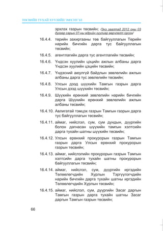 ÒªÑÂÈÉÍ ÒÓÕÀÉ ÕÓÓËÈÉÍ ÝÌÕÝÒÃÝË
66
ýðõëýõ ãàçðûí òºñâèéí; /Ýíý çààëòàä 2012 îíû 03
äóãààð ñàðûí 07-íû ºäðèéí õóóëèàð ººð÷ëºëò îðñîí/
16.4.4. òºðèéí çàõèðãààíû òºâ áàéãóóëëàãûí Òºðèéí
íàðèéí áè÷ãèéí äàðãà òóñ áàéãóóëëàãûí
òºñâèéí;
16.4.5. àãåíòëàãèéí äàðãà òóñ àãåíòëàãèéí òºñâèéí;
16.4.6. ¯íäñýí õóóëèéí öýöèéí àæëûí àëáàíû äàðãà
¯íäñýí õóóëèéí öýöèéí òºñâèéí;
16.4.7. ¯íäýñíèé àþóëã¿é áàéäëûí çºâëºëèéí àæëûí
àëáàíû äàðãà òóñ çºâëºëèéí òºñâèéí;
16.4.8. Óëñûí äýýä ø¿¿õèéí Òàìãûí ãàçðûí äàðãà
Óëñûí äýýä ø¿¿õèéí òºñâèéí;
16.4.9. Ø¿¿õèéí åðºíõèé çºâëºëèéí íàðèéí áè÷ãèéí
äàðãà Ø¿¿õèéí åðºíõèé çºâëºëèéí àæëûí
àëáàíû òºñâèéí;
16.4.10. Àâëèãàòàé òýìöýõ ãàçðûí Òàìãûí ãàçðûí äàðãà
òóñ áàéãóóëëàãûí òºñâèéí;
16.4.11. àéìàã, íèéñëýë, ñóì, ñóì äóíäûí, ä¿¿ðãèéí
áîëîí äàãíàñàí ø¿¿õèéí òàìãûí õýëòñèéí
äàðãà òóõàéí øàòíû ø¿¿õèéí òºñâèéí;
16.4.12. Óëñûí åðºíõèé ïðîêóðîðûí ãàçðûí Òàìãûí
ãàçðûí äàðãà Óëñûí åðºíõèé ïðîêóðîðûí
ãàçðûí òºñâèéí;
16.4.13. àéìàã, íèéñëýëèéí ïðîêóðîðûí ãàçðûí Òàìãûí
õýëòñèéí äàðãà òóõàéí øàòíû ïðîêóðîðûí
áàéãóóëëàãûí òºñâèéí;
16.4.14. àéìàã, íèéñëýë, ñóì, ä¿¿ðãèéí èðãýäèéí
Òºëººëºã÷äèéí Õóðëûí Òýðã¿¿ëýã÷äèéí
íàðèéí áè÷ãèéí äàðãà òóõàéí øàòíû èðãýäèéí
Òºëººëºã÷äèéí Õóðëûí òºñâèéí;
16.4.15. àéìàã, íèéñëýë, ñóì, ä¿¿ðãèéí Çàñàã äàðãûí
Òàìãûí ãàçðûí äàðãà òóõàéí øàòíû Çàñàã
äàðãûí Òàìãûí ãàçðûí òºñâèéí;
 
