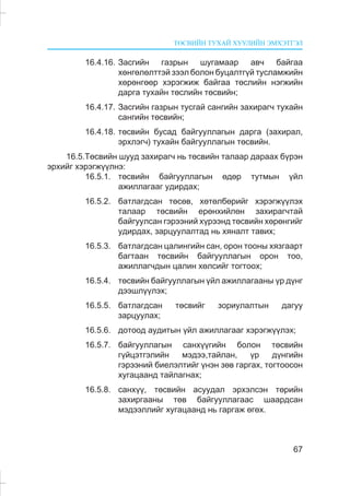 ÒªÑÂÈÉÍ ÒÓÕÀÉ ÕÓÓËÈÉÍ ÝÌÕÝÒÃÝË
67
16.4.16. Çàñãèéí ãàçðûí øóãàìààð àâ÷ áàéãàà
õºíãºëºëòòýé çýýë áîëîí áóöàëòã¿é òóñëàìæèéí
õºðºíãººð õýðýãæèæ áàéãàà òºñëèéí íýãæèéí
äàðãà òóõàéí òºñëèéí òºñâèéí;
16.4.17. Çàñãèéí ãàçðûí òóñãàé ñàíãèéí çàõèðàã÷ òóõàéí
ñàíãèéí òºñâèéí;
16.4.18. òºñâèéí áóñàä áàéãóóëëàãûí äàðãà (çàõèðàë,
ýðõëýã÷) òóõàéí áàéãóóëëàãûí òºñâèéí.
16.5.Òºñâèéí øóóä çàõèðàã÷ íü òºñâèéí òàëààð äàðààõ á¿ðýí
ýðõèéã õýðýãæ¿¿ëíý:
16.5.1. òºñâèéí áàéãóóëëàãûí ºäºð òóòìûí ¿éë
àæèëëàãààã óäèðäàõ;
16.5.2. áàòëàãäñàí òºñºâ, õºòºëáºðèéã õýðýãæ¿¿ëýõ
òàëààð òºñâèéí åðºíõèéëºí çàõèðàã÷òàé
áàéãóóëñàí ãýðýýíèé õ¿ðýýíä òºñâèéí õºðºíãèéã
óäèðäàõ, çàðöóóëàëòàä íü õÿíàëò òàâèõ;
16.5.3. áàòëàãäñàí öàëèíãèéí ñàí, îðîí òîîíû õÿçãààðò
áàãòààí òºñâèéí áàéãóóëëàãûí îðîí òîî,
àæèëëàã÷äûí öàëèí õºëñèéã òîãòîîõ;
16.5.4. òºñâèéí áàéãóóëëàãûí ¿éë àæèëëàãààíû ¿ð ä¿íã
äýýøë¿¿ëýõ;
16.5.5. áàòëàãäñàí òºñâèéã çîðèóëàëòûí äàãóó
çàðöóóëàõ;
16.5.6. äîòîîä àóäèòûí ¿éë àæèëëàãààã õýðýãæ¿¿ëýõ;
16.5.7. áàéãóóëëàãûí ñàíõ¿¿ãèéí áîëîí òºñâèéí
ã¿éöýòãýëèéí ìýäýý,òàéëàí, ¿ð ä¿íãèéí
ãýðýýíèé áèåëýëòèéã ¿íýí çºâ ãàðãàõ, òîãòîîñîí
õóãàöààíä òàéëàãíàõ;
16.5.8. ñàíõ¿¿, òºñâèéí àñóóäàë ýðõýëñýí òºðèéí
çàõèðãààíû òºâ áàéãóóëëàãààñ øààðäñàí
ìýäýýëëèéã õóãàöààíä íü ãàðãàæ ºãºõ.
 