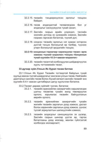 ÒªÑÂÈÉÍ ÒÓÕÀÉ ÕÓÓËÈÉÍ ÝÌÕÝÒÃÝË
89
32.2.15. òºñâèéí òýíöâýðæ¿¿ëñýí îðëîãûã òîîöñîí
áàéäàë;
32.2.16. òºñºâ àëäàãäàëòàé òºëºâëºãäñºí áîë óã
àëäàãäëûã ñàíõ¿¿æ¿¿ëýõ òóõàé ñàíàë;
32.2.17. Çàñãèéí ãàçðûí ºðèéí ¿ëäýãäýë, òºñëèéí
çýýëèéí äîòîîä ýõ ¿¿ñâýðèéí õýìæýý, Çàñãèéí
ãàçðààñ ãàðãàñàí áàòàëãàà, ò¿¿íèé ä¿í;
32.2.18. íýãäñýí òºñâèéí îðëîãûí íýã õóâèàñ õýòýðñýí
ä¿íòýé òýíöýõ áîëçîøã¿é ºð òºëáºð, ò¿¿íýýñ
ó÷èð÷ áîëçîøã¿é ýðñäýëèéí òîîöîî;
32.2.19. êîíöåññûí ãýðýýãýýð õýðýãæ¿¿ëýõ òºñºë, àðãà
õýìæýý, ò¿¿íèé ¿íäýñëýë, òîîöîî, Êîíöåññûí
òóõàé õóóëèéí 10.3-ò çààñàí ìýäýýëýë;
32.2.20. òºñâèéí òºñºëòýé õîëáîãäóóëàí øèéäâýðë¿¿ëýõ
õóóëü òîãòîîìæèéí òºñºë.
33 äóãààð ç¿éë.Óëñûí Èõ Õóðàë òºñºâ áàòëàõ
33.1.Óëñûí Èõ Õóðàë Òºñâèéí òîãòâîðòîé áàéäëûí òóõàé
õóóëüä çààñàí òóñãàé øààðäëàãûã õàíãàñàí óëñûí òºñºâ, Íèéãìèéí
äààòãàëûí ñàíãèéí òºñºâ áîëîí Õ¿íèé õºãæèë ñàíãèéí òºñâèéã ýíý
õóóëèéí 8.4-ò çààñàí öàãëàáàðûí äàãóó õóóëü÷ëàí áàòàëíà.
33.2.Òºñºâò äàðààõ ç¿éëèéã òóñãàæ, áàòàëíà:
33.2.1. òºñâèéí åðºíõèéëºí çàõèðàã÷èéí õàðüÿàëàãäàõ
øàòíû òºñºâòºº òóõàéí æèëä òºâëºð¿¿ëýõ
îðëîãî, õàðüÿàëàõ òºñâèéí áàéãóóëëàãûí
ººðèéí îðëîãî;
33.2.2. òºñâèéí åðºíõèéëºí çàõèðàã÷èéí òóõàéí
æèëèéí òºñâèéí çàðëàãûí äýýä õýìæýý, óðñãàë
áîëîí õºðºíãèéí çàðëàãûí äýýä õýìæýý, ¿¿íýýñ
òóñãàé çîðèóëàëòûí øèëæ¿¿ëãèéí õýìæýý;
33.2.3. òºñâèéí àëäàãäëûã ñàíõ¿¿æ¿¿ëýõ ýõ ¿¿ñâýð,
Çàñãèéí ãàçðûí øèíýýð ¿¿ñãýõ ºð, ãàðãàõ
áàòàëãààíû äýýä õÿçãààð, ìºíãºí ã¿éëãýýòýé
õîëáîãäîõ õÿçãààðëàëò;
 