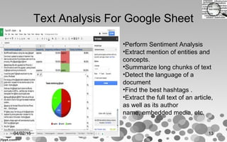 Text Analysis For Google Sheet
•Perform Sentiment Analysis
•Extract mention of entities and
concepts.
•Summarize long chunks of text
•Detect the language of a
document
•Find the best hashtags .
•Extract the full text of an article,
as well as its author
name, embedded media, etc.
04/02/15 13
 