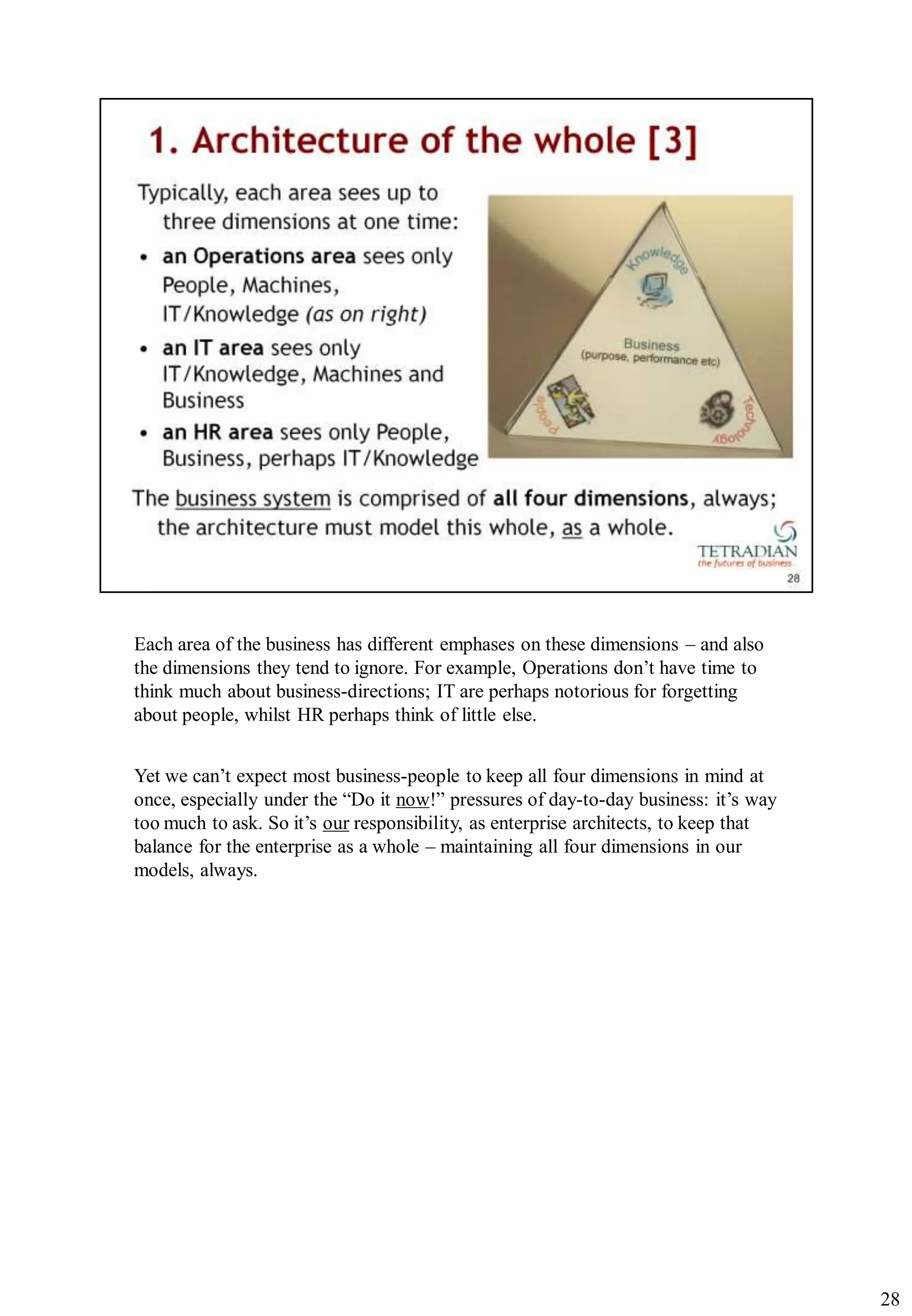 Each area of the business has different emphases on these dimensions – and also
the dimensions they tend to ignore. For example, Operations don‟t have time to
think much about business-directions; IT are perhaps notorious for forgetting
about people, whilst HR perhaps think of little else.


Yet we can‟t expect most business-people to keep all four dimensions in mind at
once, especially under the “Do it now!” pressures of day-to-day business: it‟s way
too much to ask. So it‟s our responsibility, as enterprise architects, to keep that
balance for the enterprise as a whole – maintaining all four dimensions in our
models, always.




                                                                                      28
 