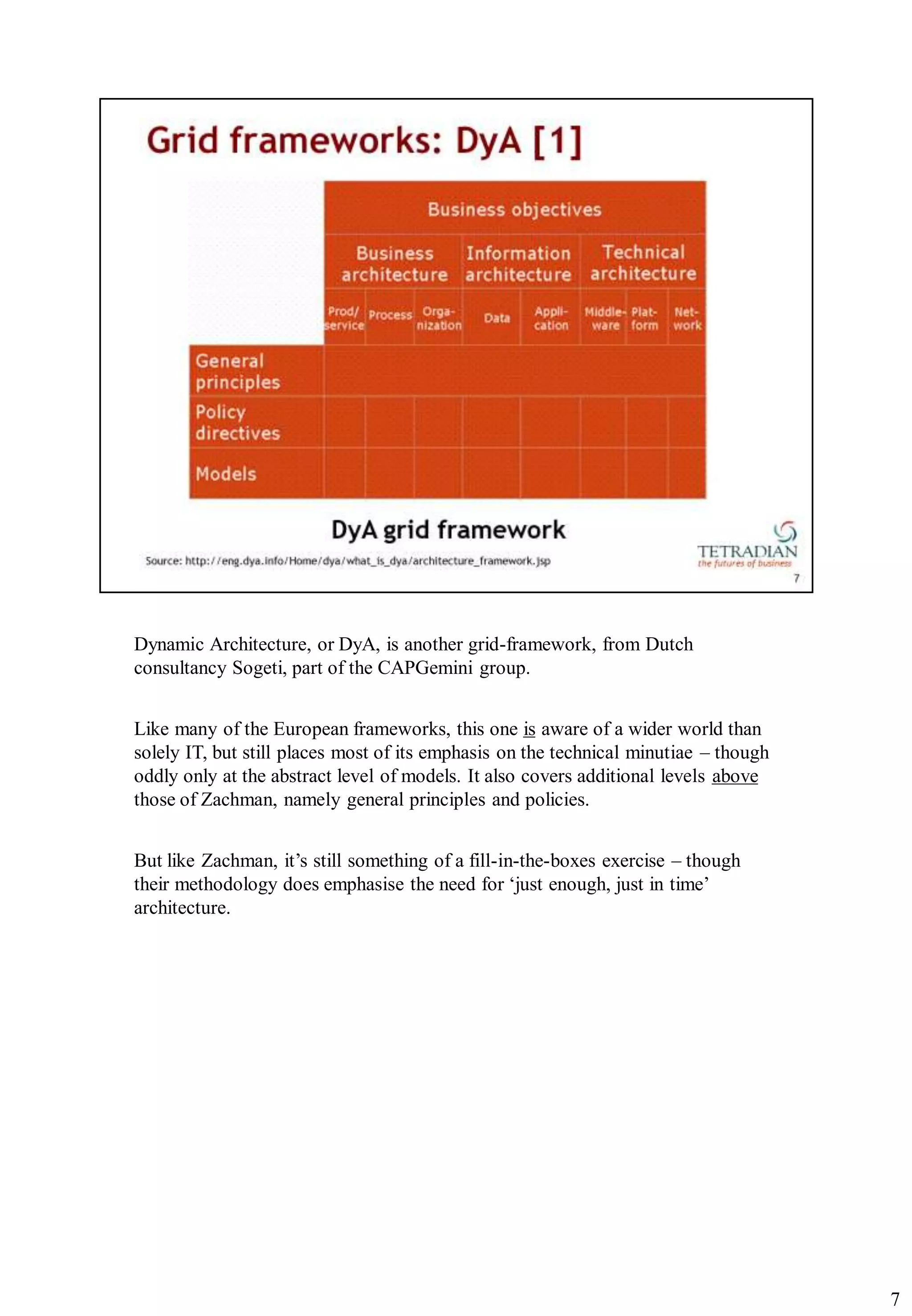 Dynamic Architecture, or DyA, is another grid-framework, from Dutch
consultancy Sogeti, part of the CAPGemini group.


Like many of the European frameworks, this one is aware of a wider world than
solely IT, but still places most of its emphasis on the technical minutiae – though
oddly only at the abstract level of models. It also covers additional levels above
those of Zachman, namely general principles and policies.


But like Zachman, it‟s still something of a fill-in-the-boxes exercise – though
their methodology does emphasise the need for „just enough, just in time‟
architecture.




                                                                                      7
 