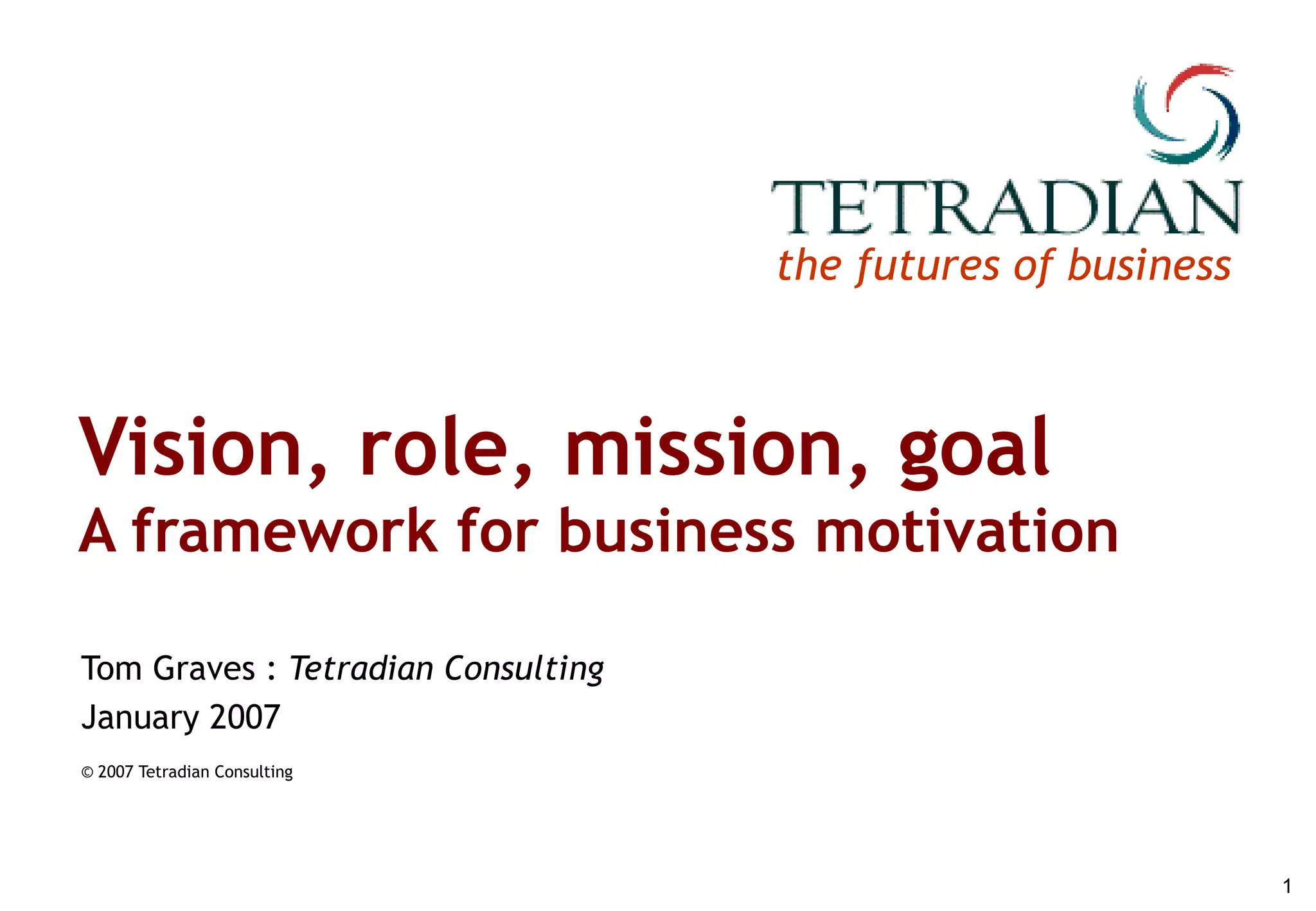 Vision, Role, Mission, Goal: a framework for business motivation | PPT