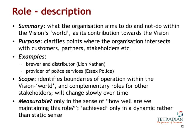 Vision, Role, Mission, Goal: a framework for business motivation | PPT