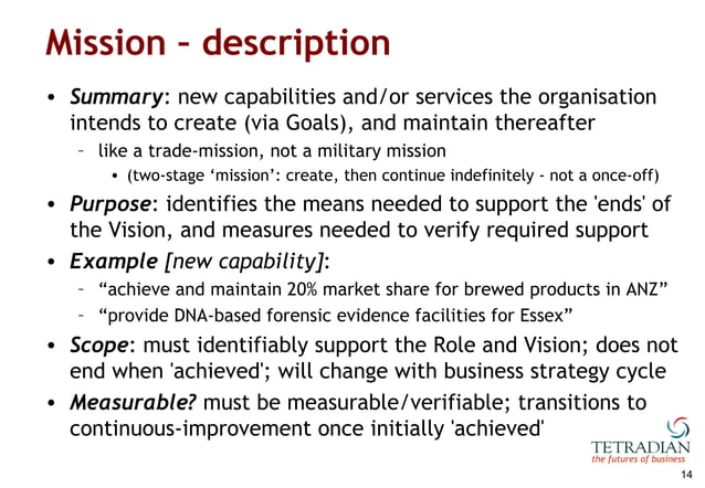 Vision, Role, Mission, Goal: a framework for business motivation | PPT