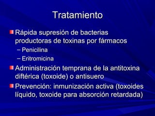 TratamientoTratamiento
Rápida supresión de bacteriasRápida supresión de bacterias
productoras de toxinas por fármacosproductoras de toxinas por fármacos
– PenicilinaPenicilina
– EritromicinaEritromicina
Administración temprana de la antitoxinaAdministración temprana de la antitoxina
diftérica (toxoide) o antisuerodiftérica (toxoide) o antisuero
Prevención: inmunización activa (toxoidesPrevención: inmunización activa (toxoides
líquido, toxoide para absorción retardada)líquido, toxoide para absorción retardada)
 