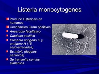 Listeria monocytogenesListeria monocytogenes
Produce Listeriosis enProduce Listeriosis en
humanoshumanos
Cocobacilos Gram positivosCocobacilos Gram positivos
Anaerobio facultativoAnaerobio facultativo
Catalasa positivoCatalasa positivo
Presenta antígeno O yPresenta antígeno O y
antígeno H (16antígeno H (16
serovariedades)serovariedades)
Es móvil, (flagelosEs móvil, (flagelos
peritricos)peritricos)
Se transmite con losSe transmite con los
alimentosalimentos
 