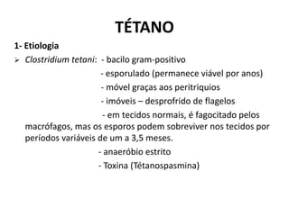 TÉTANO
1- Etiologia
 Clostridium tetani: - bacilo gram-positivo
- esporulado (permanece viável por anos)
- móvel graças aos peritriquios
- imóveis – desprofrido de flagelos
- em tecidos normais, é fagocitado pelos
macrófagos, mas os esporos podem sobreviver nos tecidos por
períodos variáveis de um a 3,5 meses.
- anaeróbio estrito
- Toxina (Tétanospasmina)
 