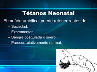 Tétanos Neonatal
El muñón umbilical puede retener restos de:
– Suciedad.
– Excrementos.
– Sangre coagulada o suero.
– Parecer relativamente normal.
 