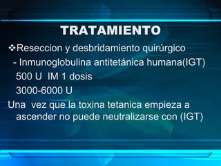 TRATAMIENTO
Reseccion y desbridamiento quirúrgico
- Inmunoglobulina antitetánica humana(IGT)
500 U IM 1 dosis
3000-6000 U
Una vez que la toxina tetanica empieza a
ascender no puede neutralizarse con (IGT)
 