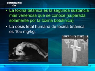 CONTINUACI
ÓN
• La toxina tetánica es la segunda sustancia
más venenosa que se conoce (superada
solamente por la toxina botulínica)
• La dosis letal humana de toxina tetánica
es 10-6 mg/kg.
 
