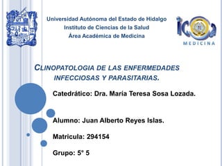 CLINOPATOLOGIA DE LAS ENFERMEDADES
INFECCIOSAS Y PARASITARIAS.
Universidad Autónoma del Estado de Hidalgo
Instituto de Ciencias de la Salud
Área Académica de Medicina
Catedrático: Dra. María Teresa Sosa Lozada.
Alumno: Juan Alberto Reyes Islas.
Matricula: 294154
Grupo: 5° 5
 