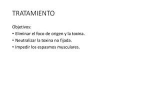 TRATAMIENTO
Objetivos:
• Eliminar el foco de origen y la toxina.
• Neutralizar la toxina no fijada.
• Impedir los espasmos musculares.
 