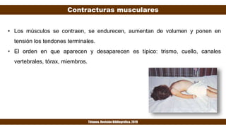 Contracturas musculares
Tétanos. Revisión Bibliográfica. 2019
• Los músculos se contraen, se endurecen, aumentan de volumen y ponen en
tensión los tendones terminales.
• El orden en que aparecen y desaparecen es típico: trismo, cuello, canales
vertebrales, tórax, miembros.
 