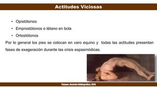 Actitudes Viciosas
Tétanos. Revisión Bibliográfica. 2019
• Opistótonos
• Emprostótonos o tétano en bola
• Ortostótonos
Por lo general los pies se colocan en varo equino y todas las actitudes presentan
fases de exageración durante las crisis espasmódicas.
 