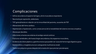 Complicaciones
• Asfixia secundaria al espasmo laríngeo y de la musculatura respiratoria
• Neumonía por aspiración, atelectasia.
• TVP generalmente en relación con la inmovilidad del paciente, causantes deTEP.
• Alteraciones del ritmo cardíaco.
• Hipertensión o hipotensión, como consecuencia de la inestabilidad del sistema nervioso simpático.
• Úlceras por decúbito.
• Infecciones urinarias secundarias al sondaje vesical continuo
• Fracturas vertebrales y de huesos largos secundarias a los espasmos musculares,
• Incidencia de úlcera péptica y gastritis erosiva que pueden ser causa de hemorragia digestiva grave.
• Rabdomiólisis y mioglobinuria (con subsiguiente insuficiencia renal)
• Trastornos psíquicos graves después de la resolución (que precisan psicoterapia).
 