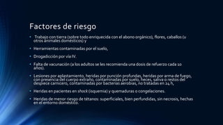 Factores de riesgo
• Trabajo con tierra (sobre todo enriquecida con el abono orgánico), flores, caballos (u
otros animales domésticos) y
• Herramientas contaminadas por el suelo,
• Drogadicción por vía IV.
• Falta de vacunación (a los adultos se les recomienda una dosis de refuerzo cada 10
años).
• Lesiones por aplastamiento, heridas por punción profundas, heridas por arma de fuego,
con presencia del cuerpo extraño, contaminadas por suelo, heces, saliva o restos del
despiece carnicero, contaminadas por bacterias aerobias, no tratadas en 24 h,
• Heridas en pacientes en shock (isquemia) y quemaduras o congelaciones.
• Heridas de menor riesgo de tétanos: superficiales, bien perfundidas, sin necrosis, hechas
en el entorno doméstico.
 
