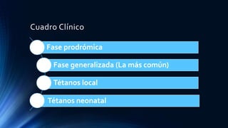 Cuadro Clínico
Fase prodrómica
Fase generalizada (La más común)
Tétanos local
Tétanos neonatal
 