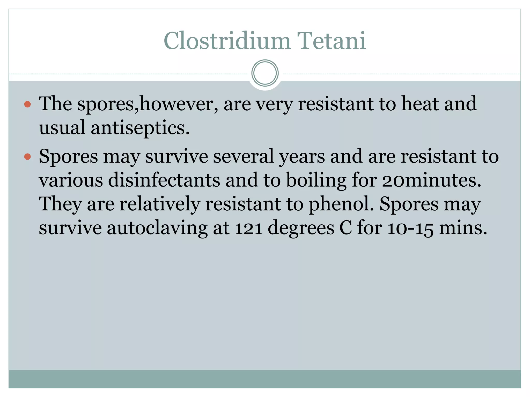 Clostridium Tetani
 The spores,however, are very resistant to heat and
usual antiseptics.
 Spores may survive several years and are resistant to
various disinfectants and to boiling for 20minutes.
They are relatively resistant to phenol. Spores may
survive autoclaving at 121 degrees C for 10-15 mins.
 