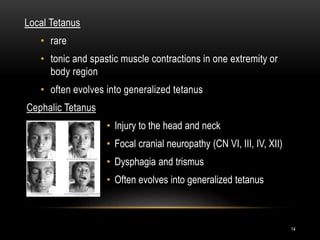 Local Tetanus
• rare
• tonic and spastic muscle contractions in one extremity or
body region
• often evolves into generalized tetanus
Cephalic Tetanus
• Injury to the head and neck
• Focal cranial neuropathy (CN VI, III, IV, XII)
• Dysphagia and trismus
• Often evolves into generalized tetanus
14
 