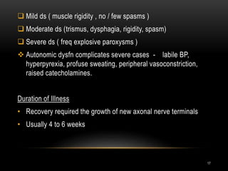 Mild ds ( muscle rigidity , no / few spasms )
 Moderate ds (trismus, dysphagia, rigidity, spasm)
 Severe ds ( freq explosive paroxysms )
 Autonomic dysfn complicates severe cases - labile BP,
hyperpyrexia, profuse sweating, peripheral vasoconstriction,
raised catecholamines.
Duration of Illness
• Recovery required the growth of new axonal nerve terminals
• Usually 4 to 6 weeks
17
 