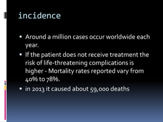 incidence
 Around a million cases occur worldwide each
year.
 If the patient does not receive treatment the
risk of life-threatening complications is
higher - Mortality rates reported vary from
40% to 78%.
 in 2013 it caused about 59,000 deaths
 