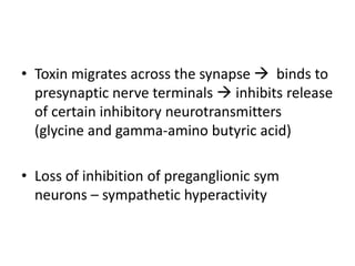 • Toxin migrates across the synapse  binds to
presynaptic nerve terminals  inhibits release
of certain inhibitory neurotransmitters
(glycine and gamma-amino butyric acid)
• Loss of inhibition of preganglionic sym
neurons – sympathetic hyperactivity
 