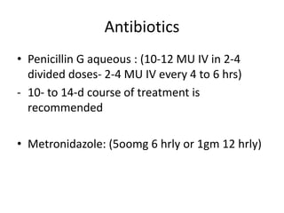 Antibiotics
• Penicillin G aqueous : (10-12 MU IV in 2-4
divided doses- 2-4 MU IV every 4 to 6 hrs)
- 10- to 14-d course of treatment is
recommended
• Metronidazole: (5oomg 6 hrly or 1gm 12 hrly)
 