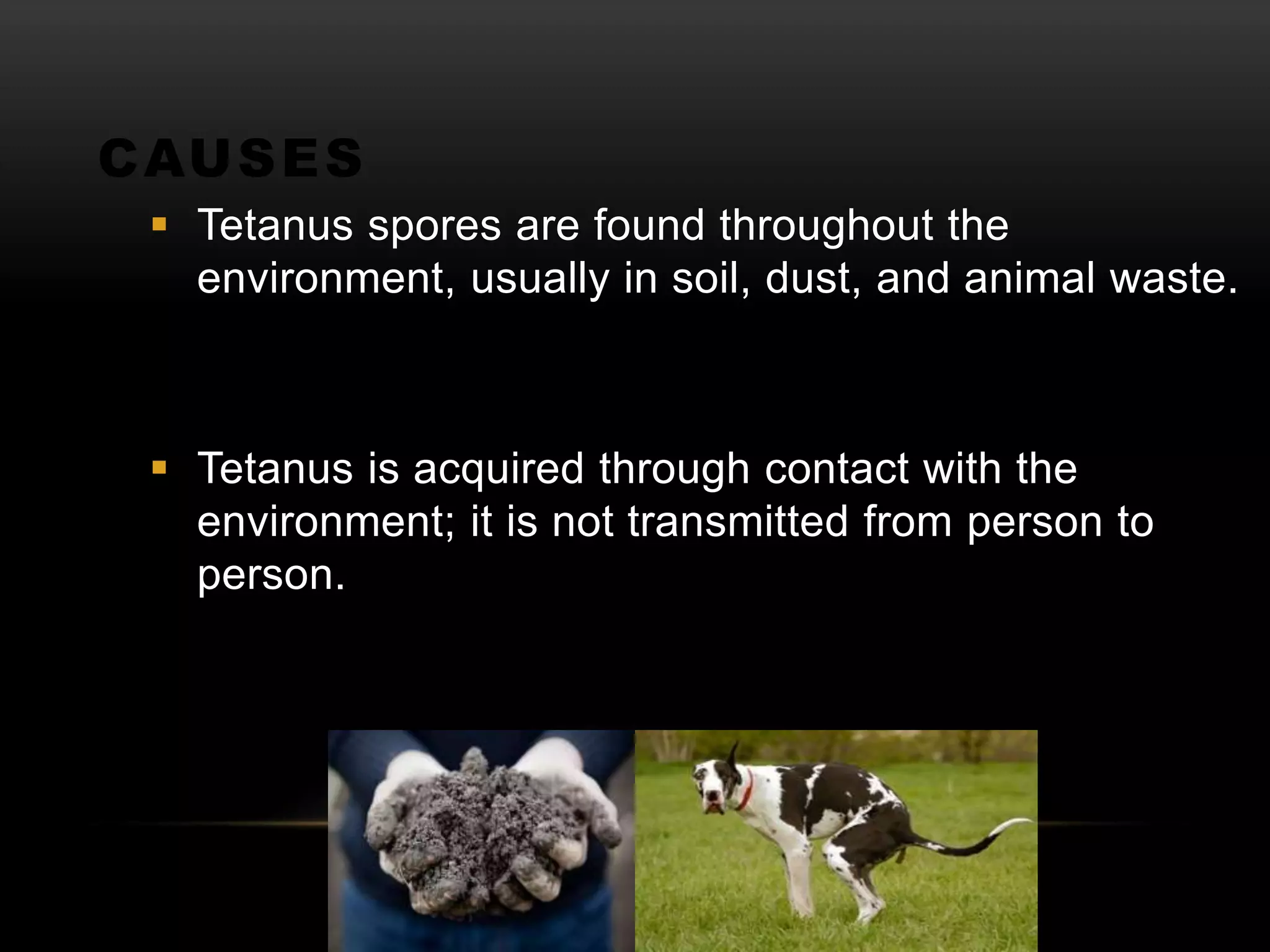 CAUSES
 Tetanus spores are found throughout the
environment, usually in soil, dust, and animal waste.
 Tetanus is acquired through contact with the
environment; it is not transmitted from person to
person.
 