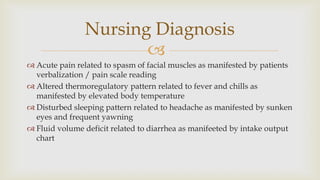 
 Acute pain related to spasm of facial muscles as manifested by patients
verbalization / pain scale reading
 Altered thermoregulatory pattern related to fever and chills as
manifested by elevated body temperature
 Disturbed sleeping pattern related to headache as manifested by sunken
eyes and frequent yawning
 Fluid volume deficit related to diarrhea as manifeeted by intake output
chart
Nursing Diagnosis
 