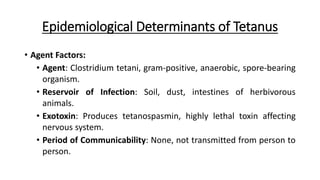 Epidemiological Determinants of Tetanus
• Agent Factors:
• Agent: Clostridium tetani, gram-positive, anaerobic, spore-bearing
organism.
• Reservoir of Infection: Soil, dust, intestines of herbivorous
animals.
• Exotoxin: Produces tetanospasmin, highly lethal toxin affecting
nervous system.
• Period of Communicability: None, not transmitted from person to
person.
 