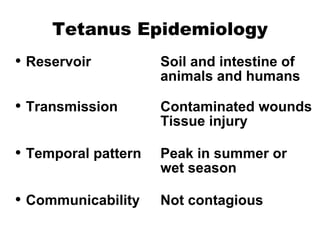Tetanus Epidemiology Reservoir Soil and intestine of      animals and humans Transmission   Contaminated wounds   Tissue injury Temporal pattern  Peak in summer or wet season Communicability Not contagious 