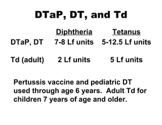 DTaP, DT, and Td DTaP, DT Td (adult) Diphtheria 7-8 Lf units 2 Lf units Tetanus 5-12.5 Lf units 5 Lf units Pertussis vaccine and pediatric DT used through age 6 years.  Adult Td for children 7 years of age and older. 