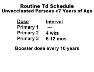 Routine Td Schedule Unvaccinated Persons  > 7 Years of Age Booster dose every 10 years Dose Primary 1 Primary 2 Primary 3 Interval --- 4 wks 6-12 mos 