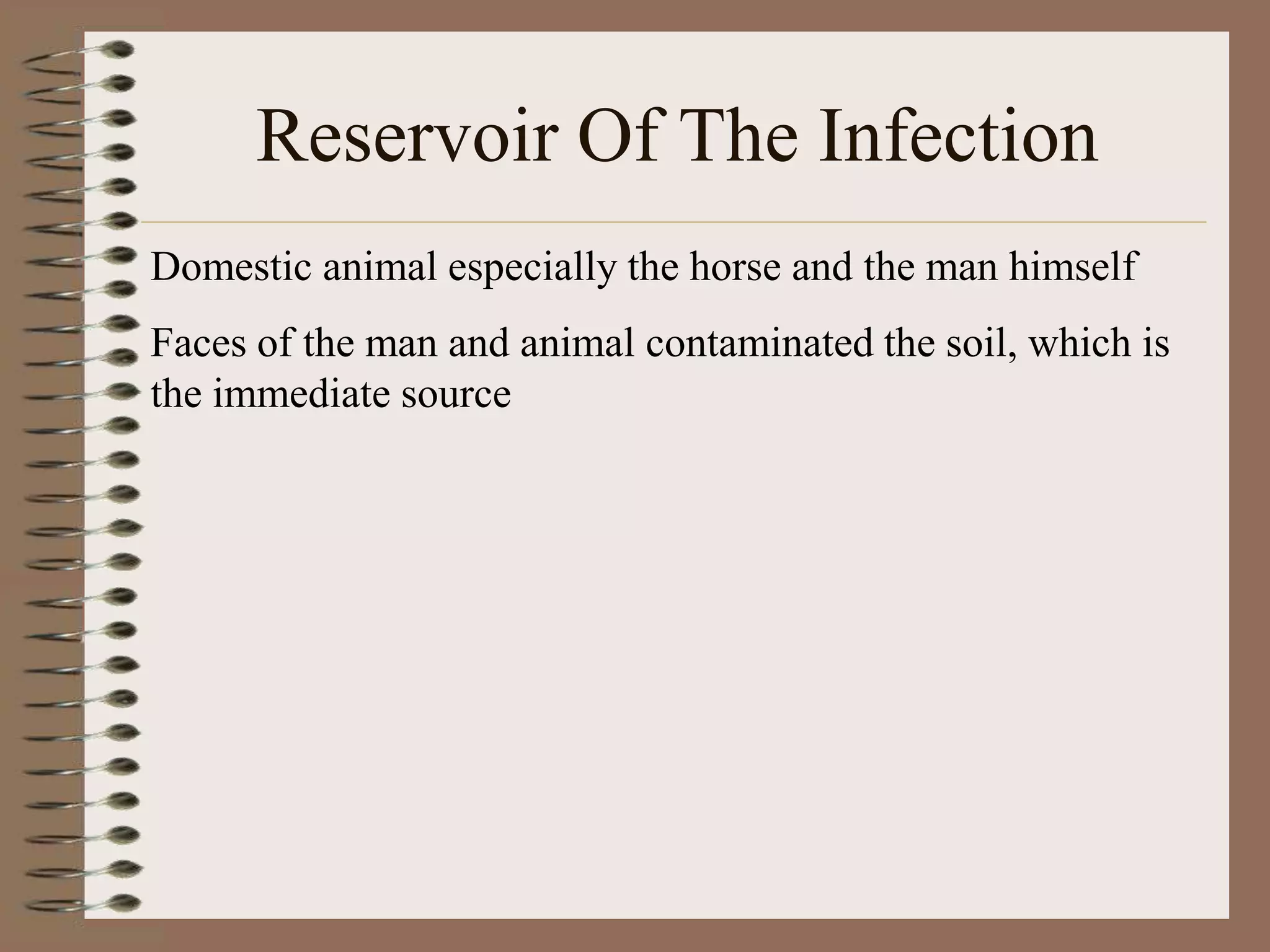 Reservoir Of The Infection
Domestic animal especially the horse and the man himself
Faces of the man and animal contaminated the soil, which is
the immediate source
 