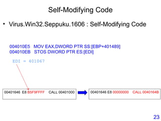 Self-Modifying Code
• Virus.Win32.Seppuku.1606 : Self-Modifying Code
00401646 E8 B5F9FFFF CALL 00401000
EDI = 401067
004010E5 MOV EAX,DWORD PTR SS:[EBP+401489]
004010EB STOS DWORD PTR ES:[EDI]
00401646 E8 00000000 CALL 0040164B
23
 