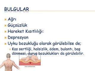 BULGULAR
 Ağrı
 Güçsüzlük
 Hareket Kısıtlılığı:
 Depresyon
 Uyku bozukluğu olarak görülebilse de;
 Kas sertliği, halsizlik, ödem, bulantı, baş
dönmesi, duruş bozuklukları da görülebilir.
 