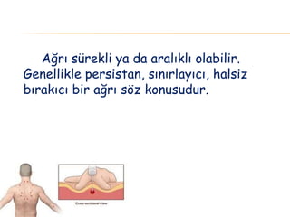 Ağrı sürekli ya da aralıklı olabilir.
Genellikle persistan, sınırlayıcı, halsiz
bırakıcı bir ağrı söz konusudur.
 