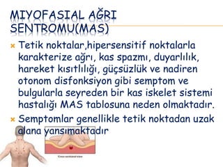 MIYOFASIAL AĞRI
SENTROMU(MAS)
 Tetik noktalar,hipersensitif noktalarla
karakterize ağrı, kas spazmı, duyarlılık,
hareket kısıtlılığı, güçsüzlük ve nadiren
otonom disfonksiyon gibi semptom ve
bulgularla seyreden bir kas iskelet sistemi
hastalığı MAS tablosuna neden olmaktadır.
 Semptomlar genellikle tetik noktadan uzak
alana yansımaktadır
 